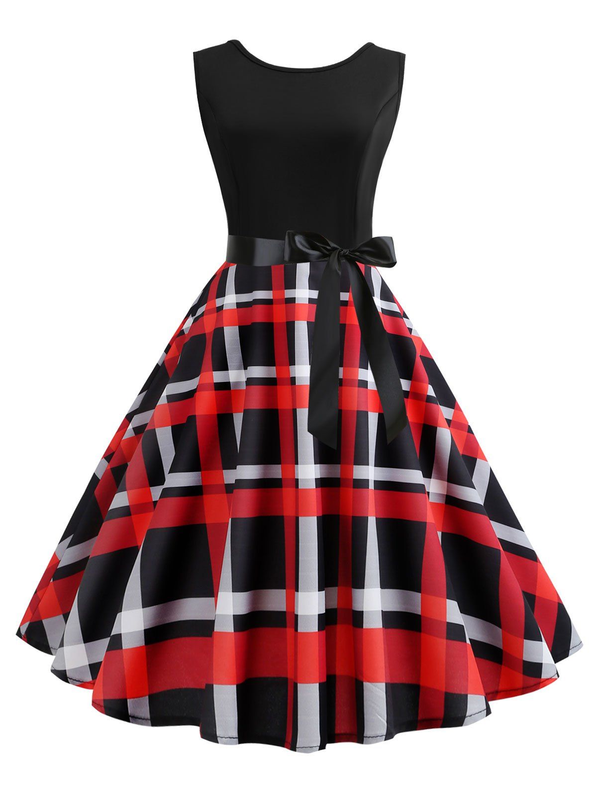 

Belted Checked Print A Line Dress, Red