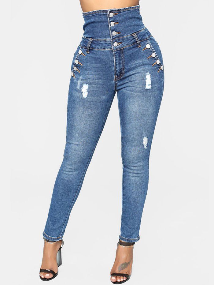 

High Waist Button Ripped Jeans, Silk blue