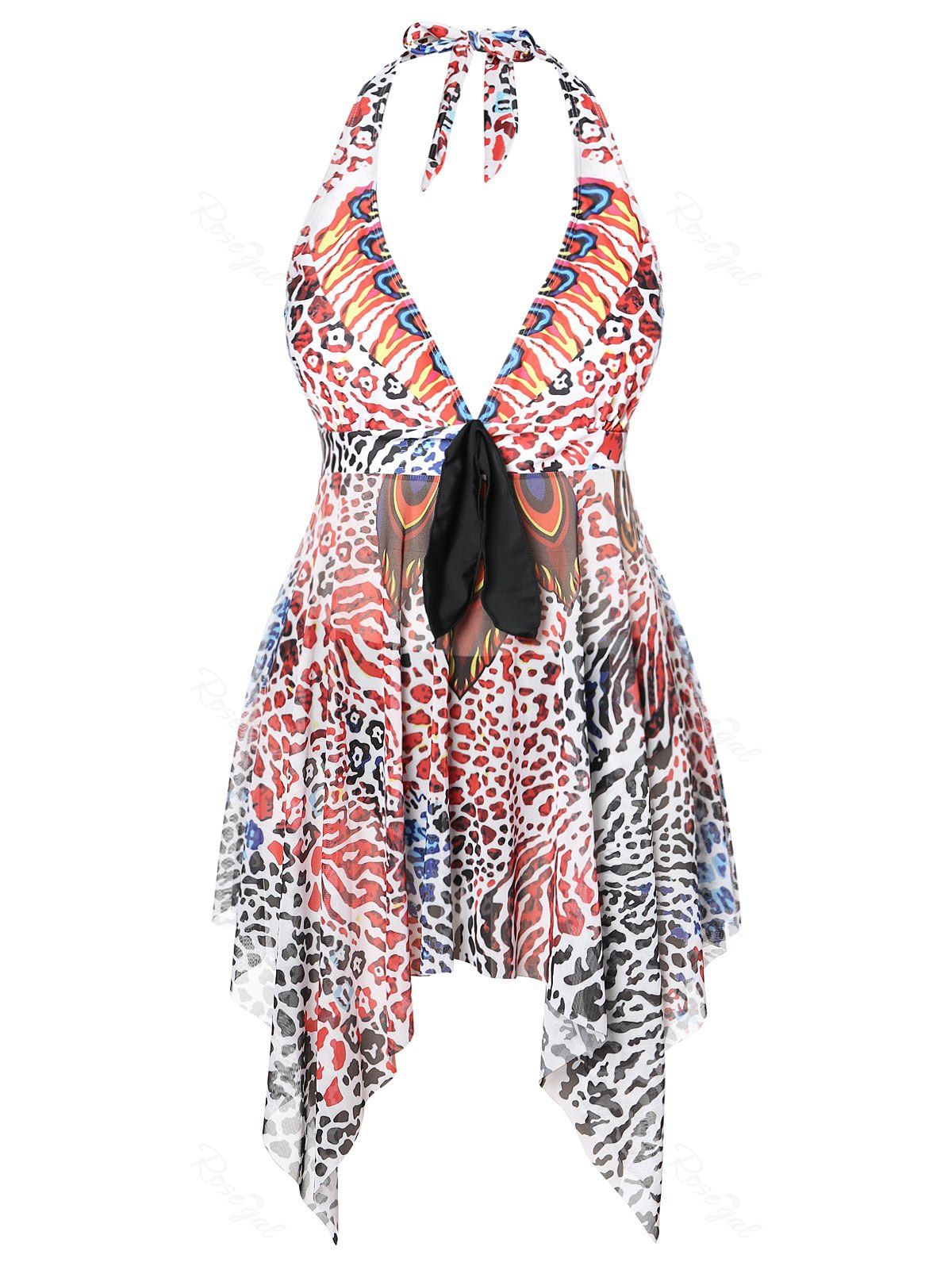 

Plus Size Low Cut Printed Handkerchief Tankini Set, Multi