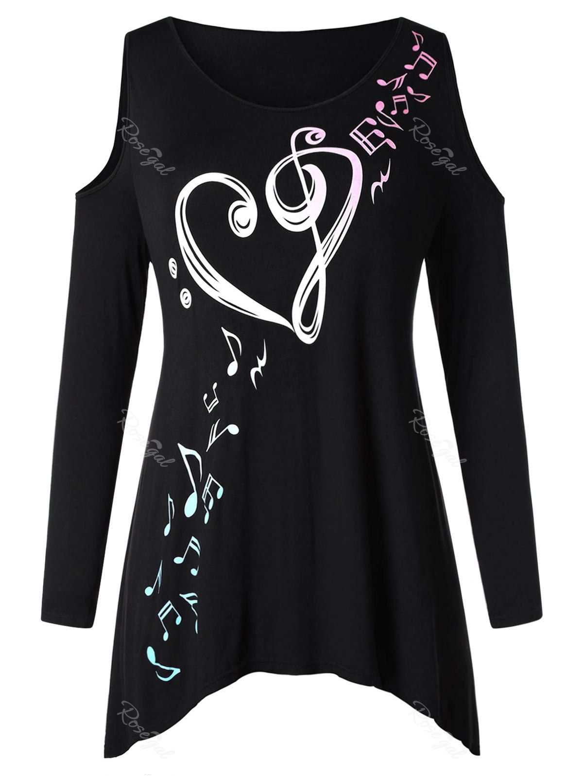 

Plus Size Note Print Cold Shoulder High Low T-shirt, Black