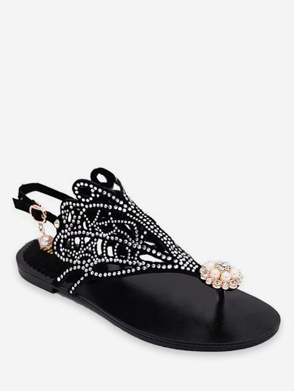 

Hollowed Rhinestone T Strap Flat Sandals, Black