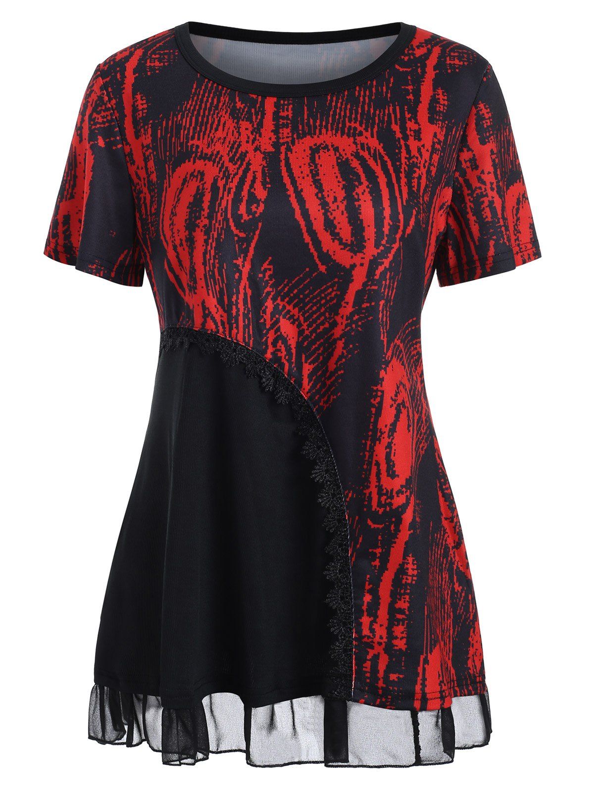 

Lace Panel Printed T-shirt, Red wine