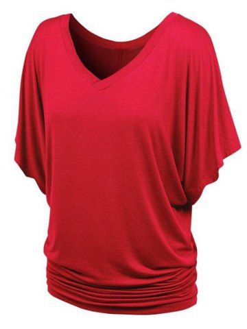 

Plus Size V Neck Ruched T-shirt, Red