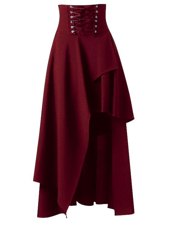Lace Up Asymmetric A Line Skirt, Red wine