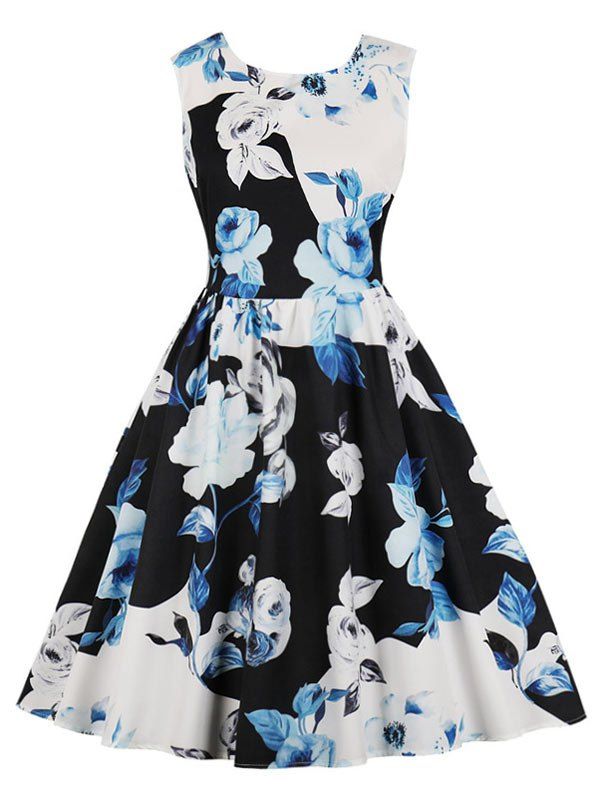 

Floral Print Vintage Pin Up Dress, Blue gray