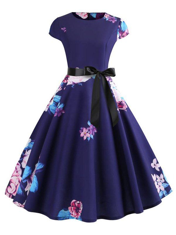 

Floral Print Belted High Waist Dress, Purple iris