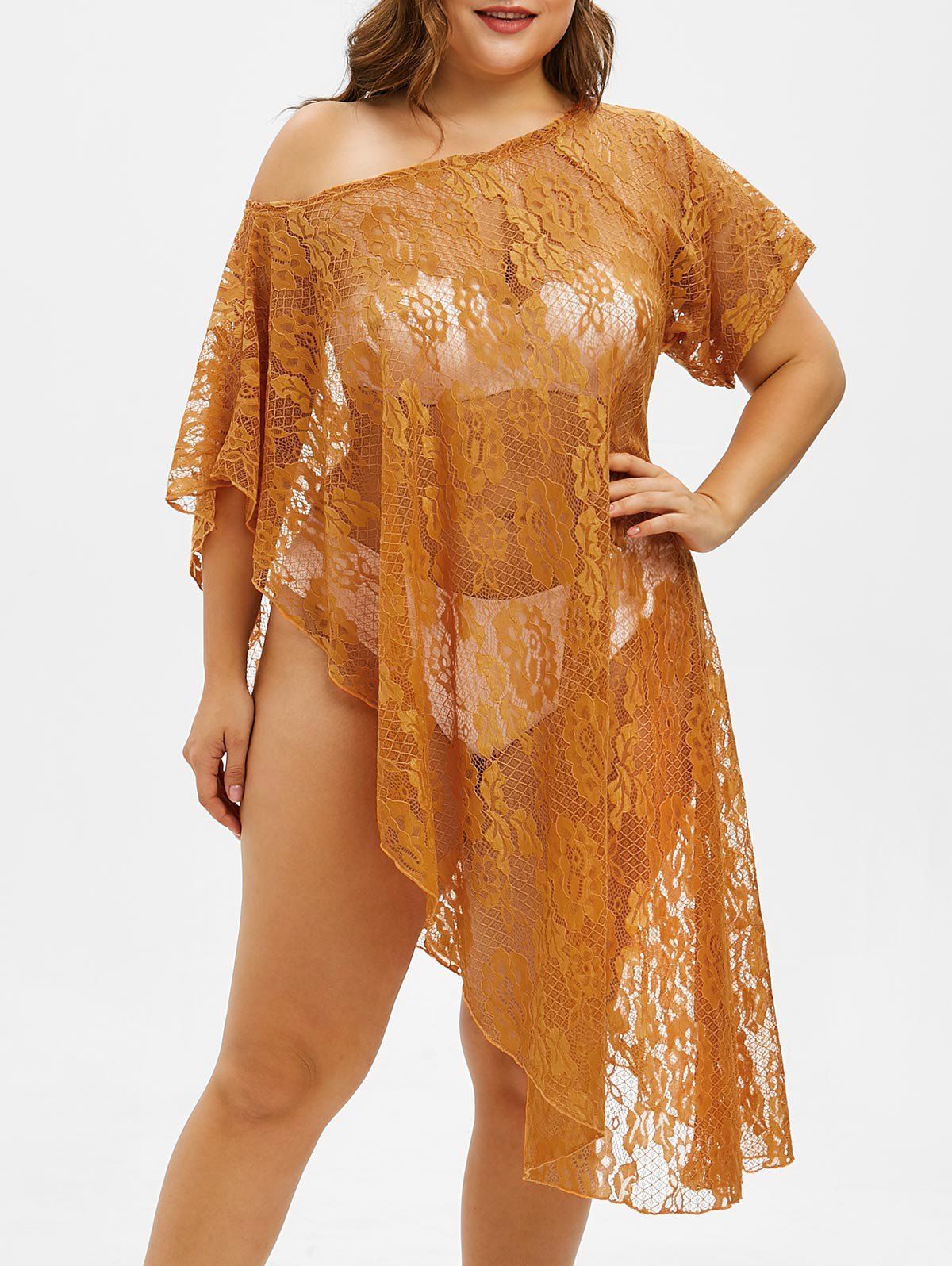 

Plus Size Asymmetrical Lace Cover Up, Saffron