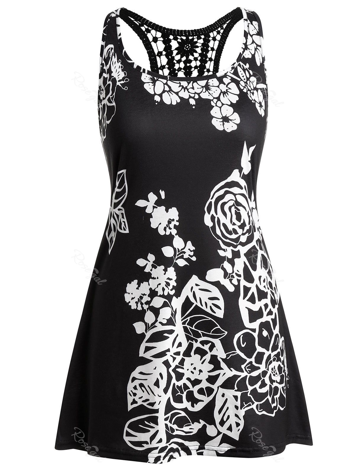 

Plus Size Printed Lace Insert Racerback Top, Black