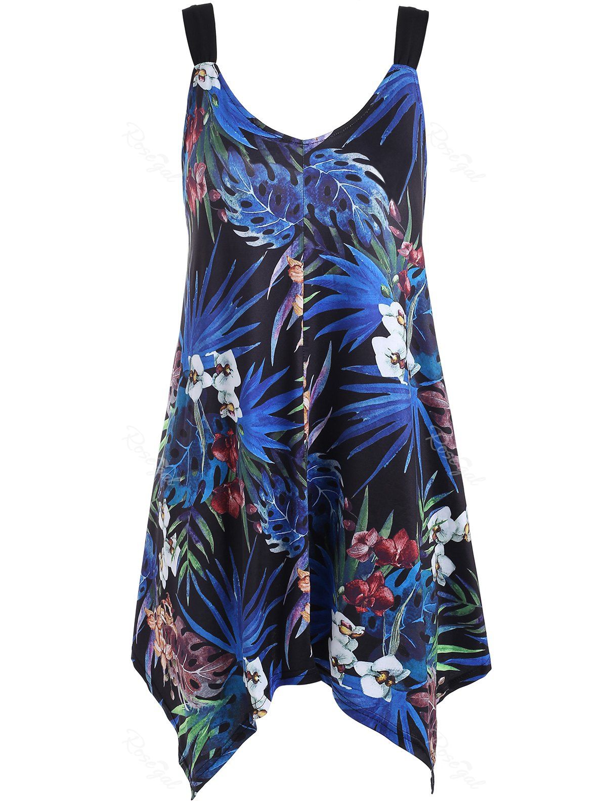 

Floral and Leaf Plus Size Asymmetrical Tank Top, Dark slate blue