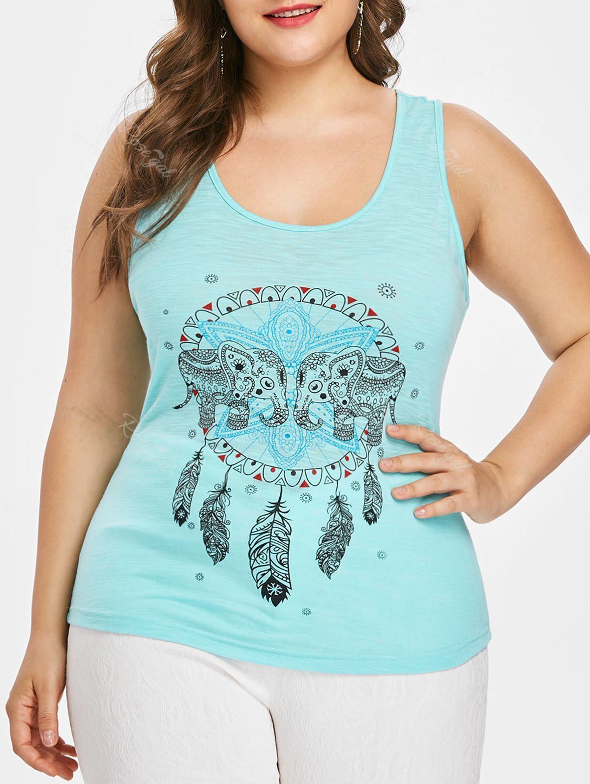 

Plus Size Elephant Print Ladder Cut Tank Top, Light cyan
