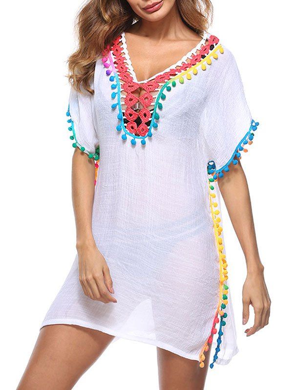 

Colorful Pompom Kaftan Cover Up, White
