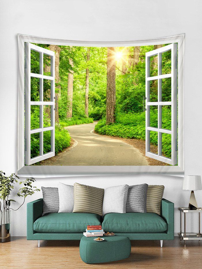

Window Forest Trail Print Tapestry Wall Hanging Art Decoration, Medium forest green