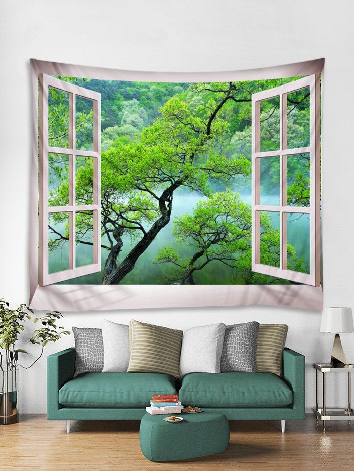 

Window Mountain Print Tapestry Wall Hanging Art Decoration, Medium forest green