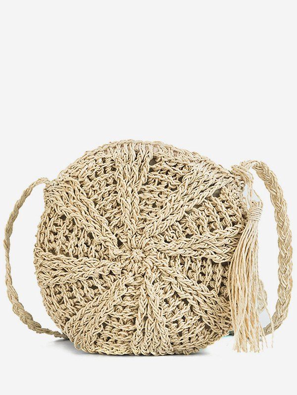 

Round Shape Straw Woven Crossbody Bag, Beige