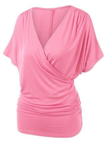 

Plus Size V Neck Ruched Draped Wrap T-shirt, Pink