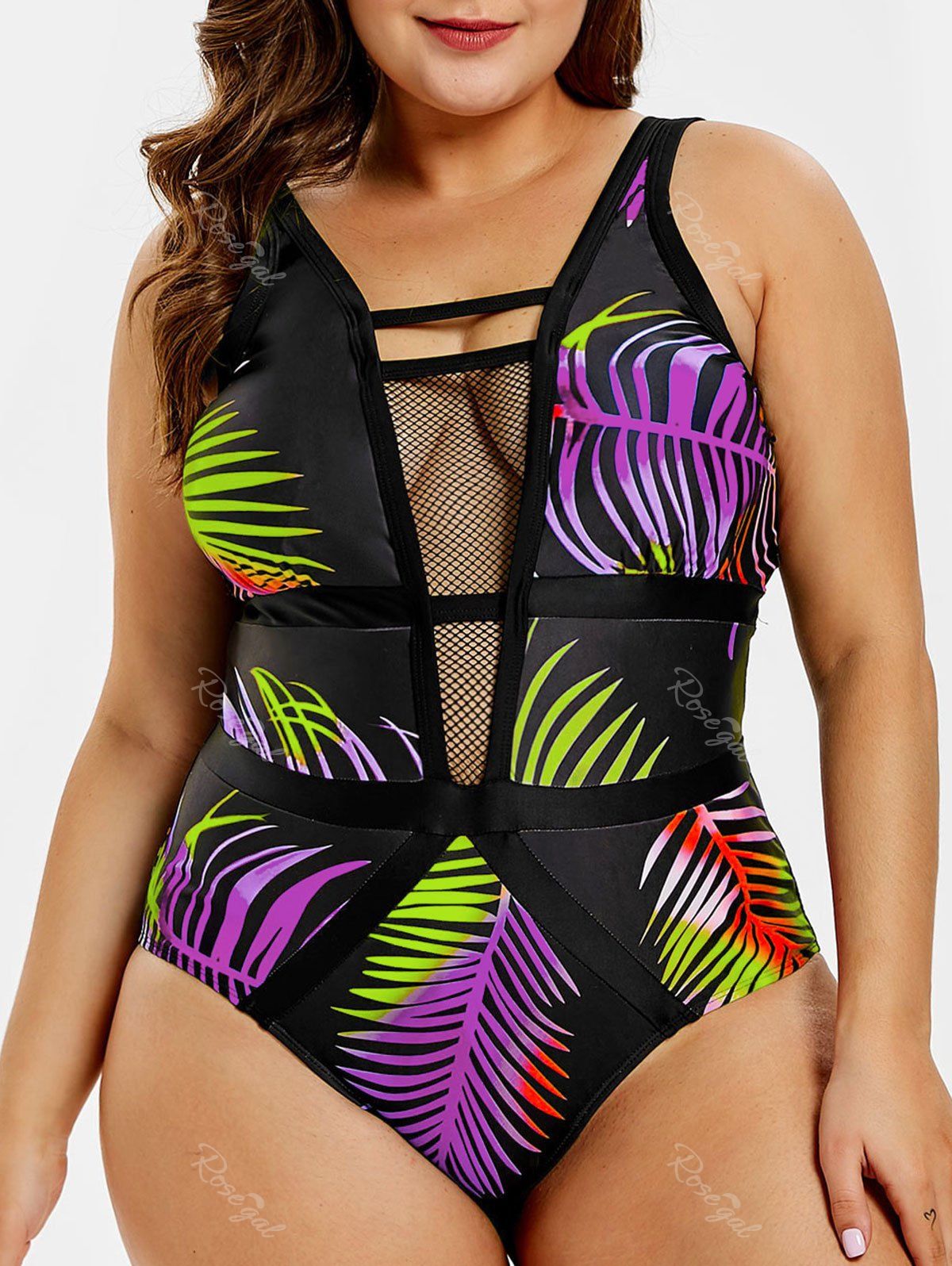 

Openwork Plus Size Leaf Print Swimwear, Medium orchid