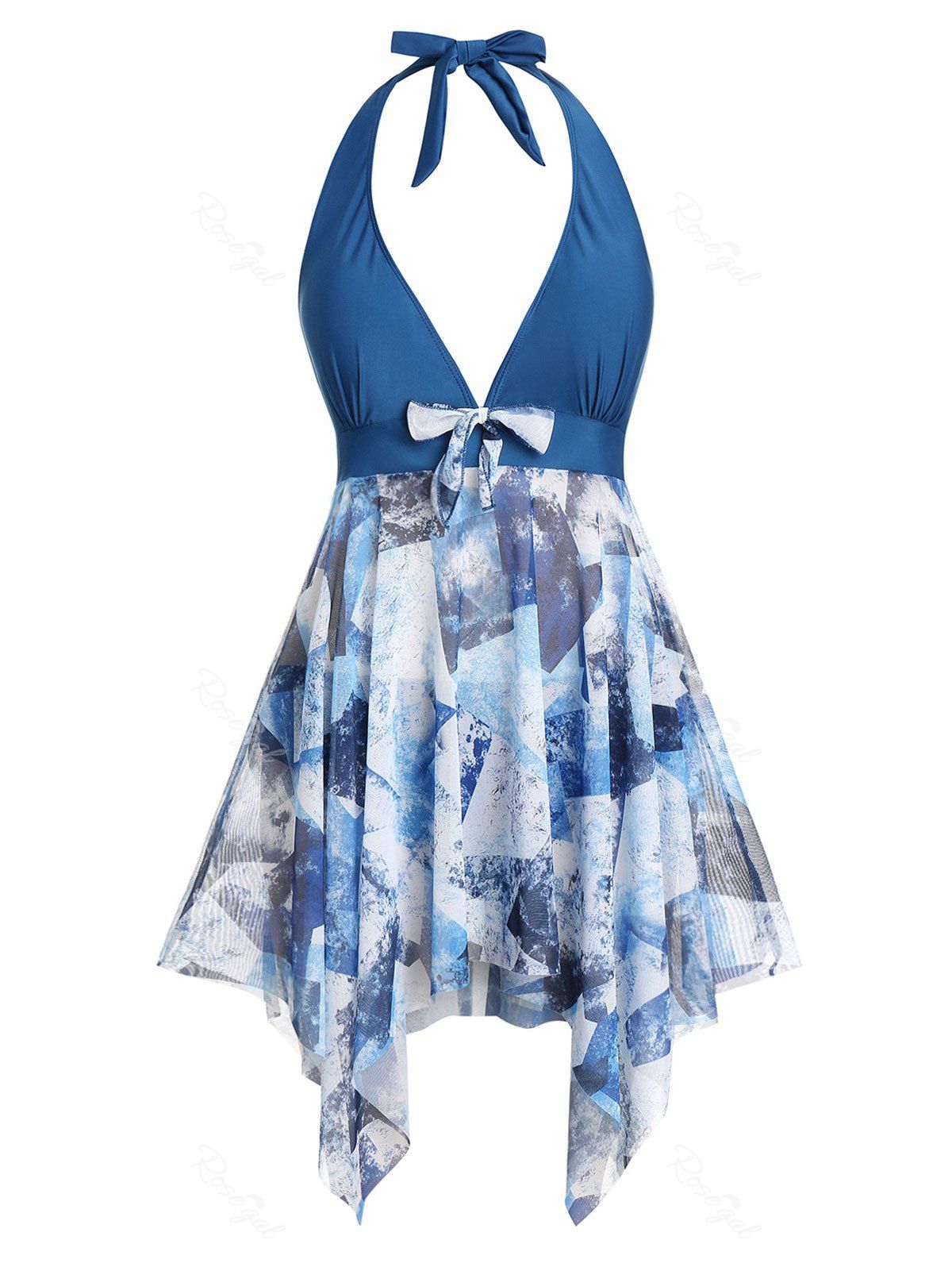 

Plus Size Low Cut Backless Handkerchief Tankini Set, Silk blue