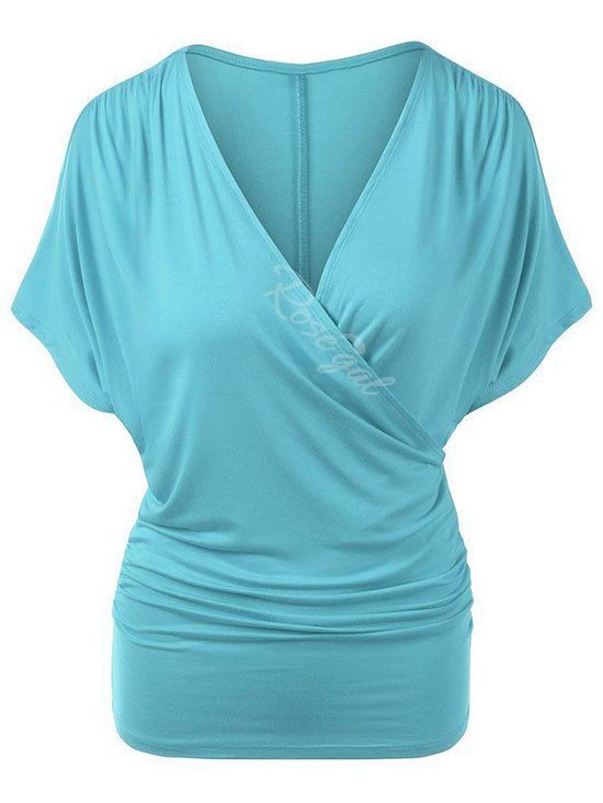 

Plus Size V Neck Ruched Draped Wrap T-shirt, Light sky blue