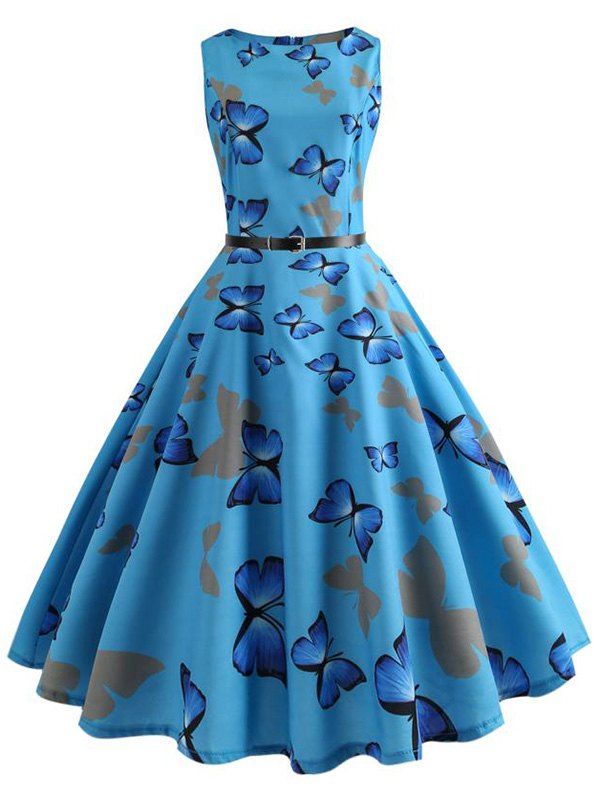 

Vintage Butterfly Printed Pin Up Dress, Deep sky blue