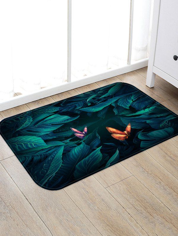 

Tropical Leaf and Butterfly Pattern Water Absorption Area Rug, Peacock blue