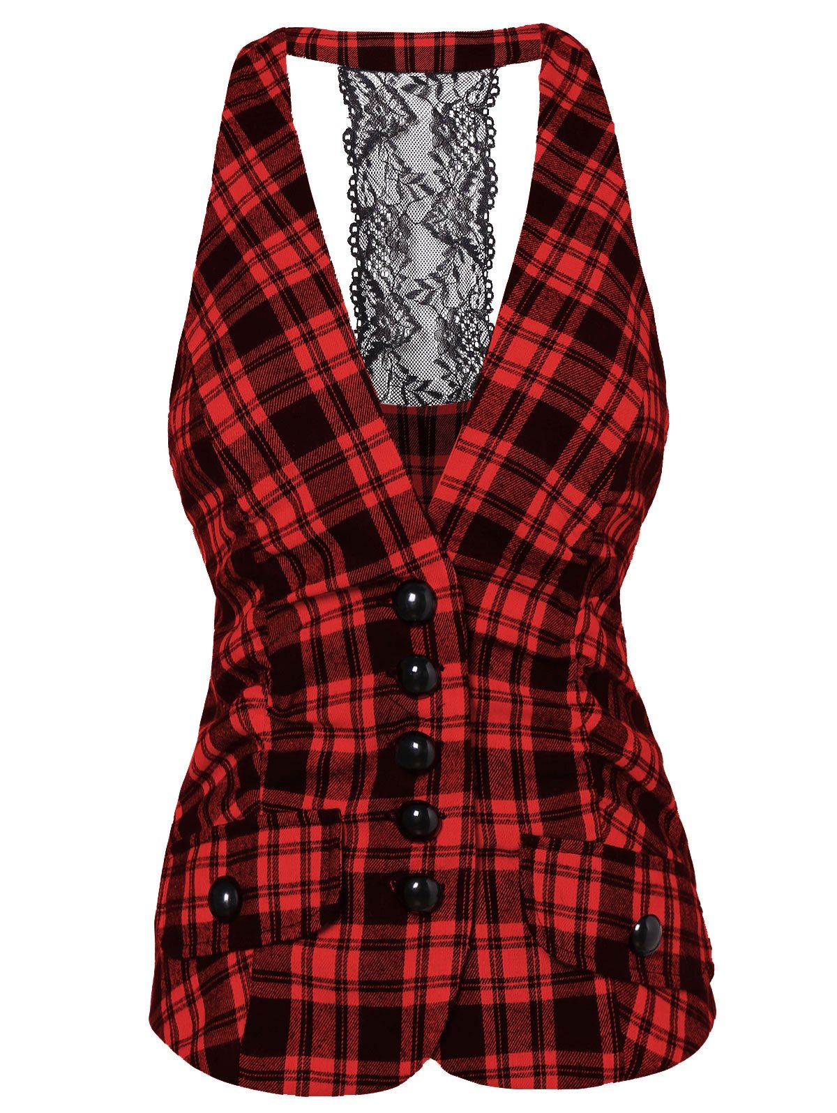 

Button Fly Plaid Panel Vest, Red