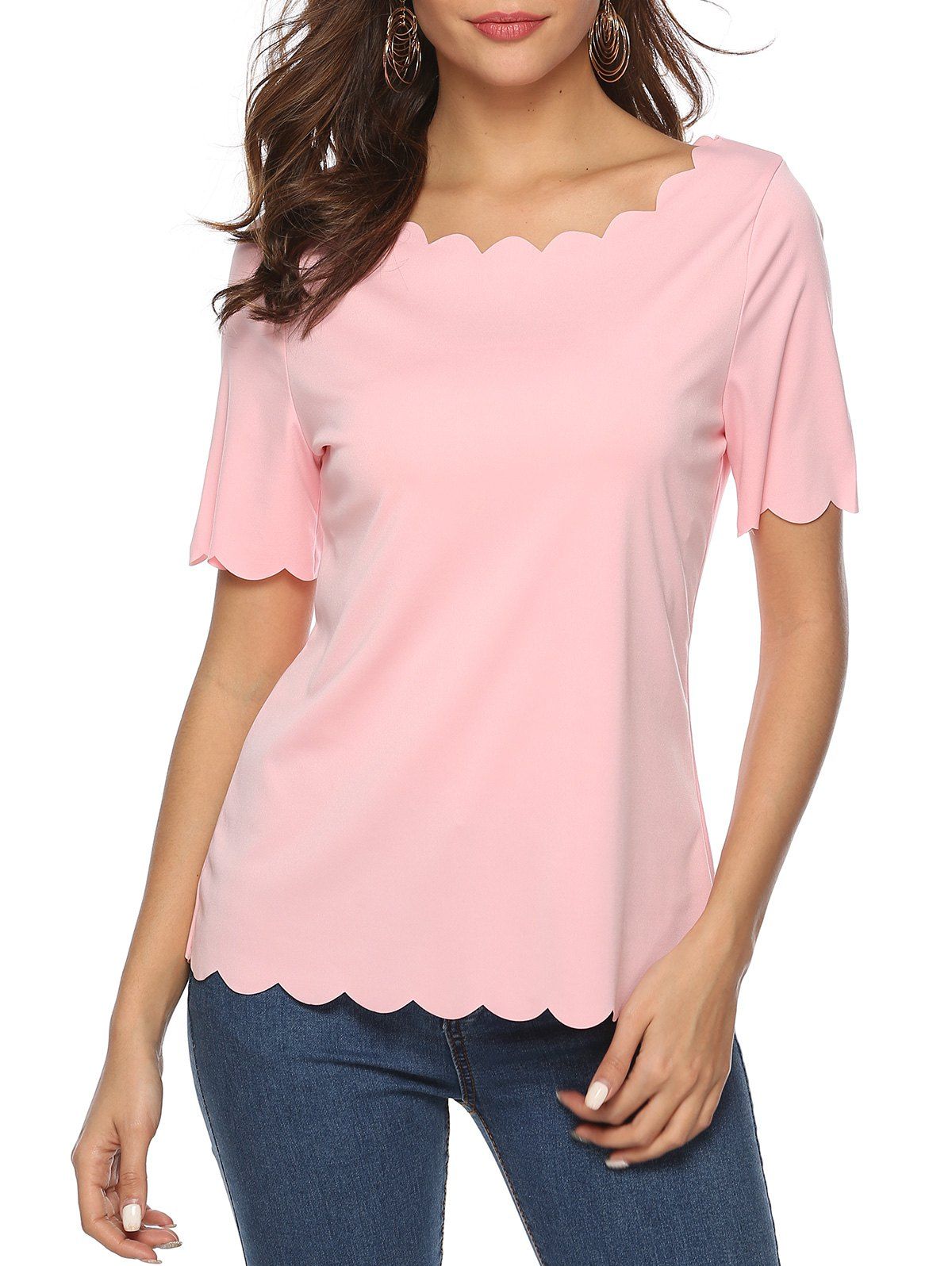 

Scalloped Short Sleeve Tee, Pig pink