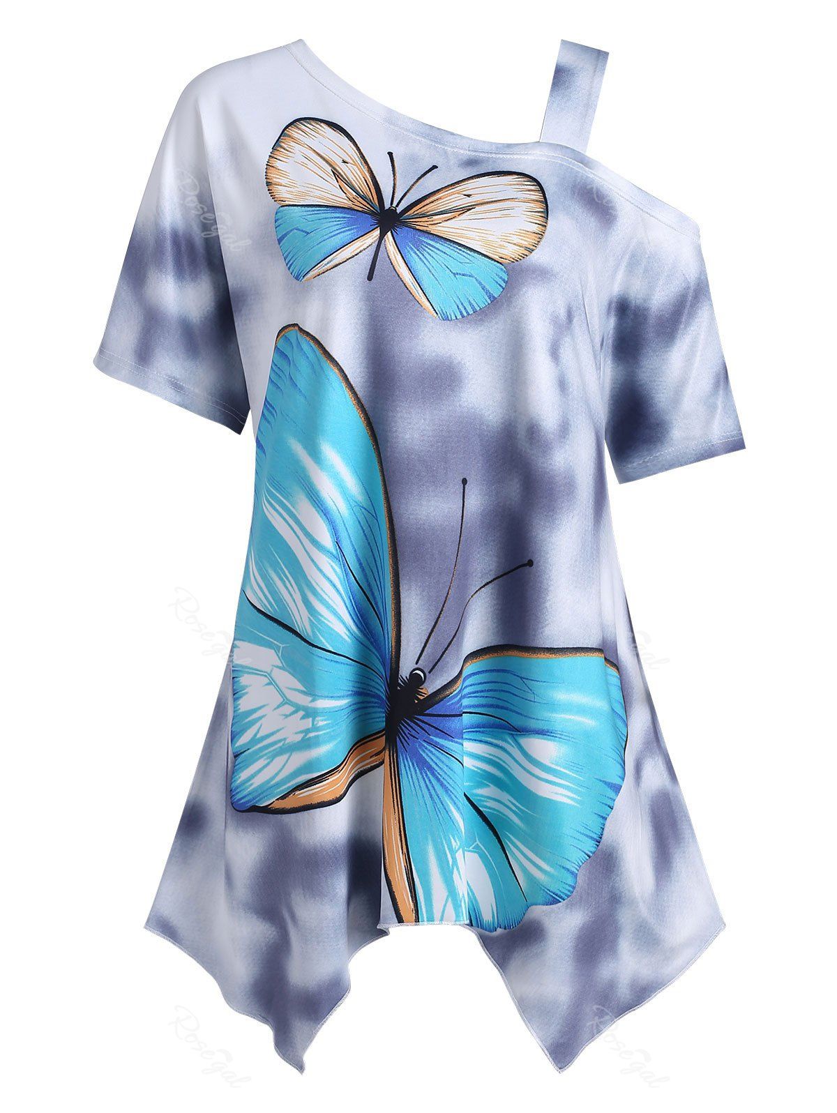 

Plus Size Asymmetrical Butterfly Print Skew Neck T-shirt, Blue zircon