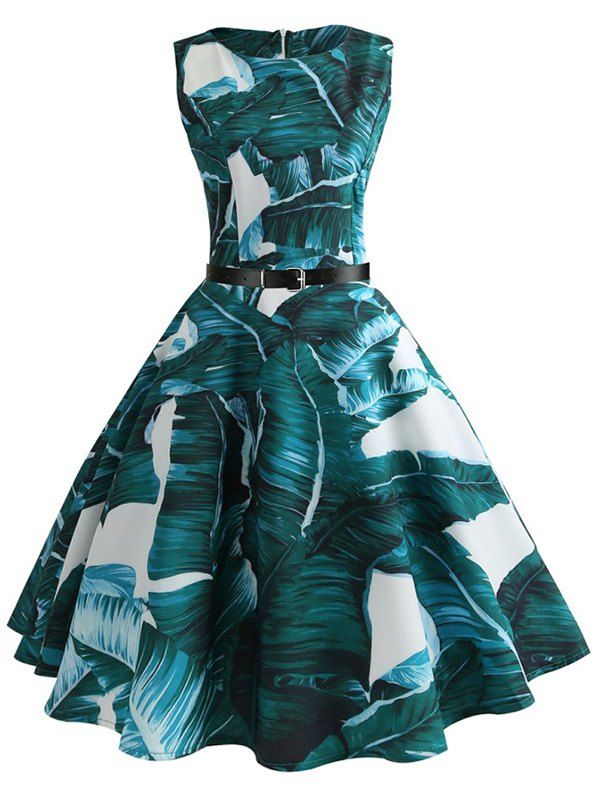 

Vintage Palm Print Flared Dress, Medium sea green