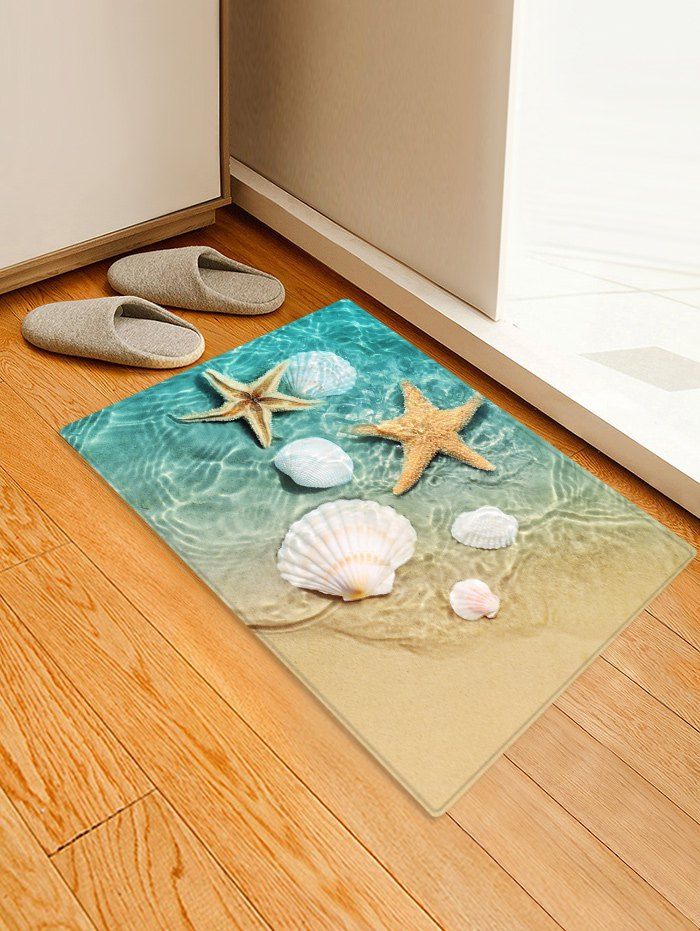 

Beach Starfish Conch Pattern Print Floor Mat, Baby blue