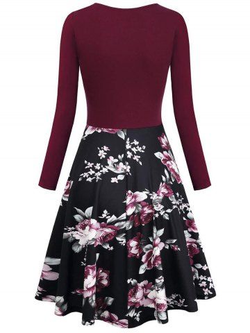 

Vintage Floral Print Ruched Flare Dress, Red wine