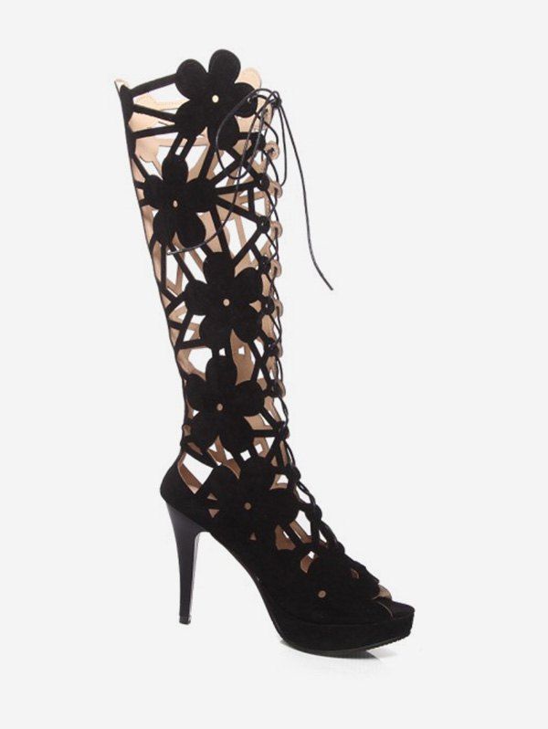 

Flower Hollowed Out High Shaft Pumps, Black