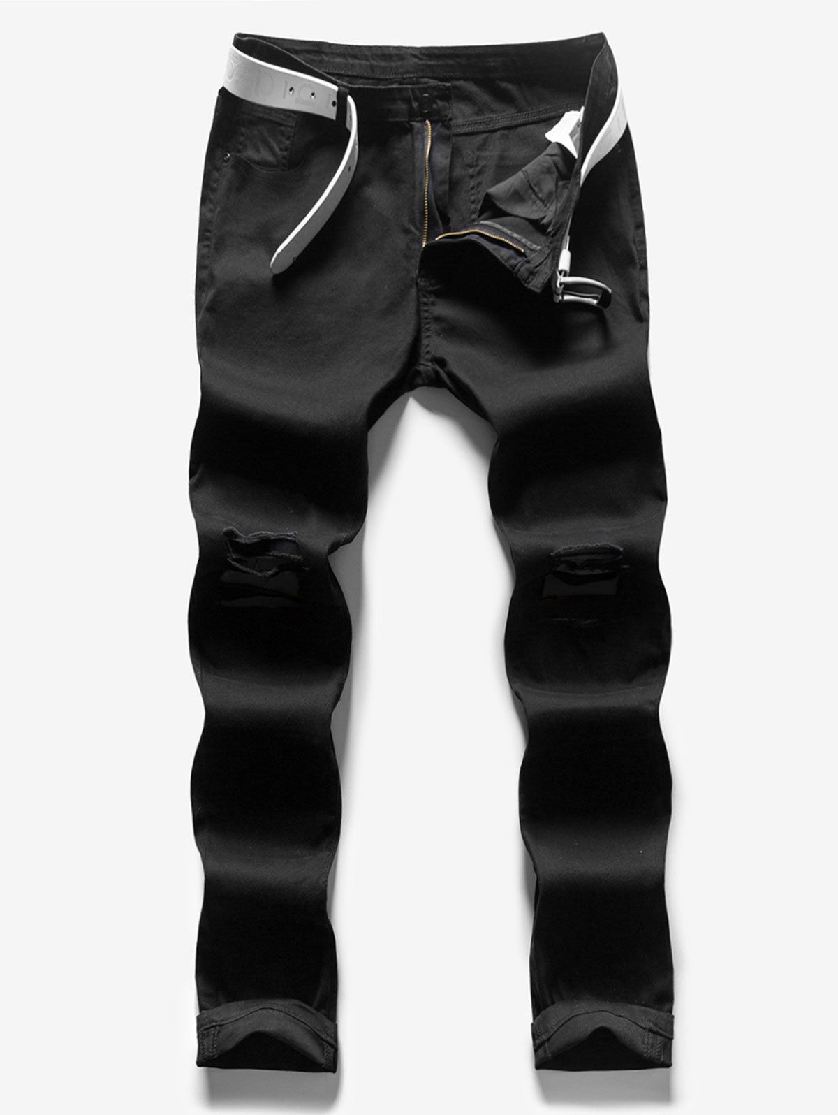 

Long Solid Color Casual Ripped Jeans, Black