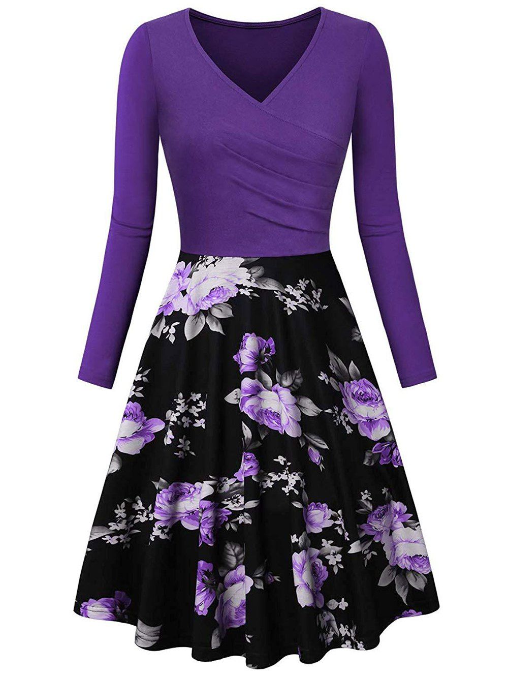 

Vintage Floral Print Ruched Flare Dress, Purple
