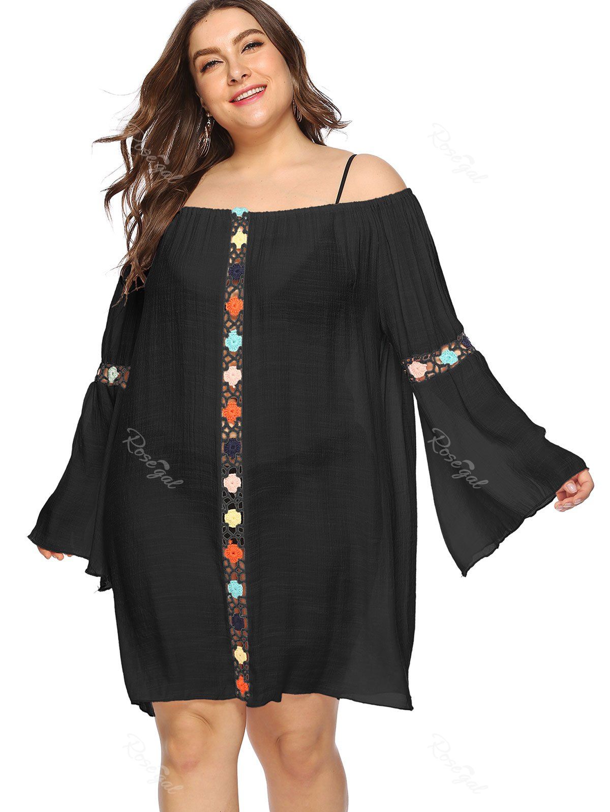

Plus Size Off The Shoulder Crochet Insert Cover Up, Black