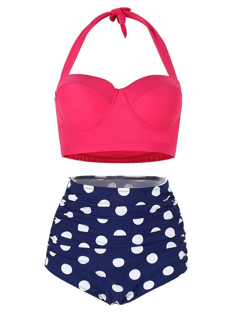

Polka Dot Ruched Padded Bikini Set, Hot pink