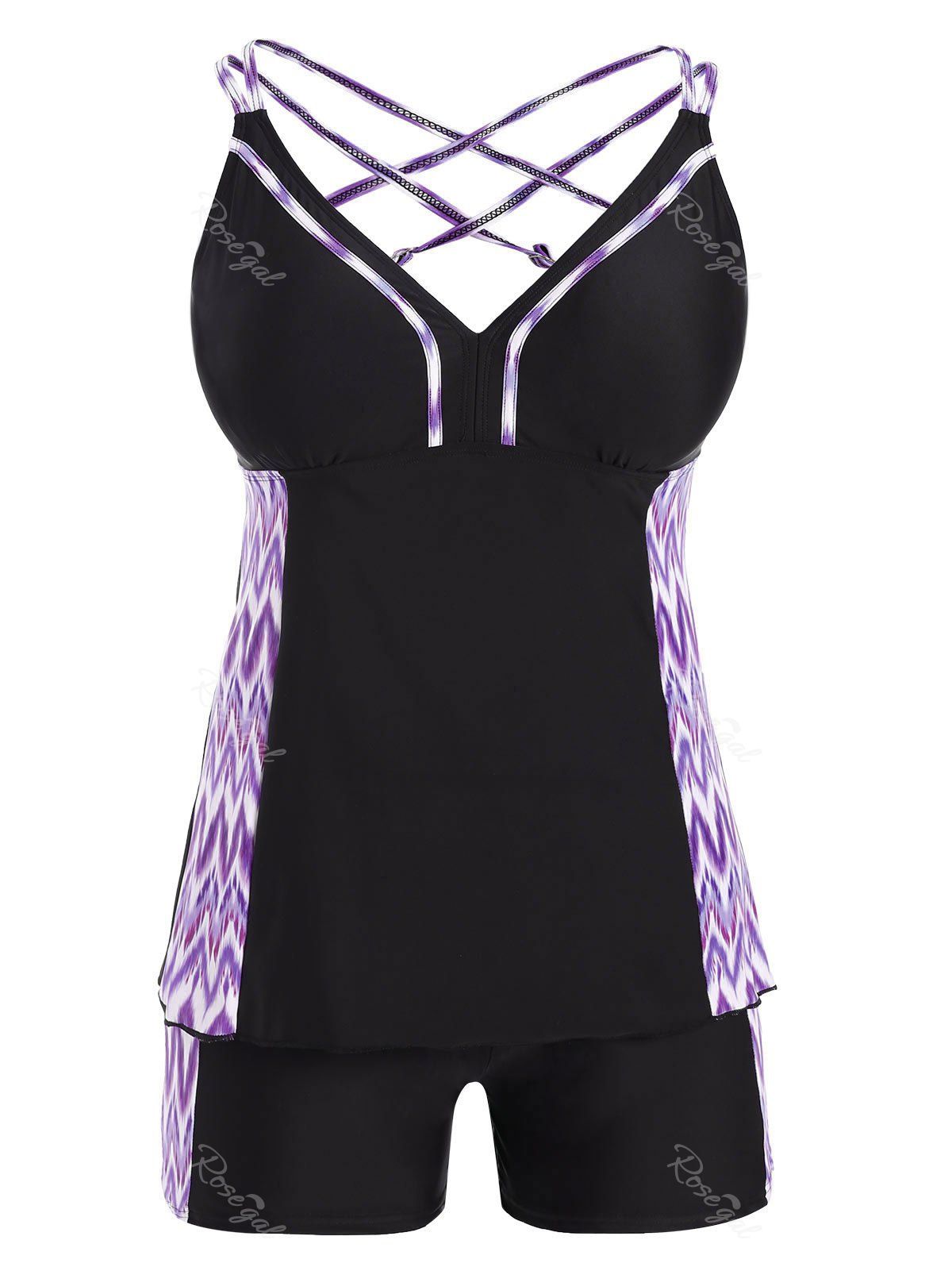 

Side Printed Plus Size Criss Cross Tankini Set, Purple amethyst
