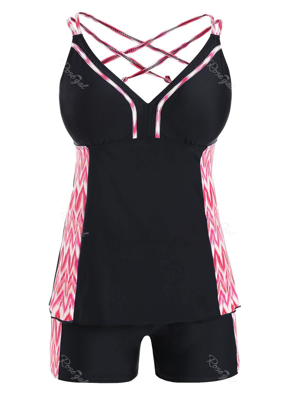 

Side Printed Plus Size Criss Cross Tankini Set, Deep pink