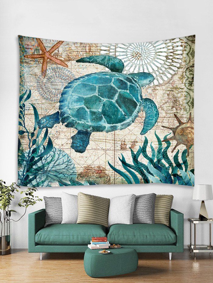 

Nautical Turtle Print Tapestry Wall Hanging Art Decoration, Dodger blue