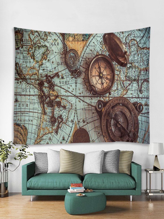 

Retro World Map Print Tapestry Wall Hanging Art Decoration, Dodger blue