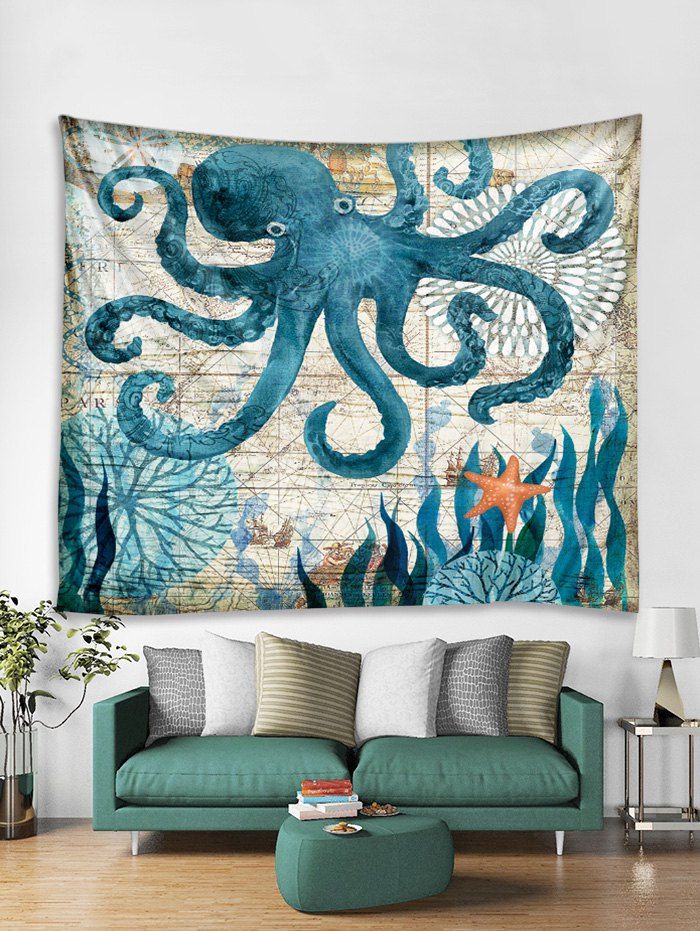 

Nautical Octopus Print Tapestry Wall Hanging Art Decoration, Dodger blue
