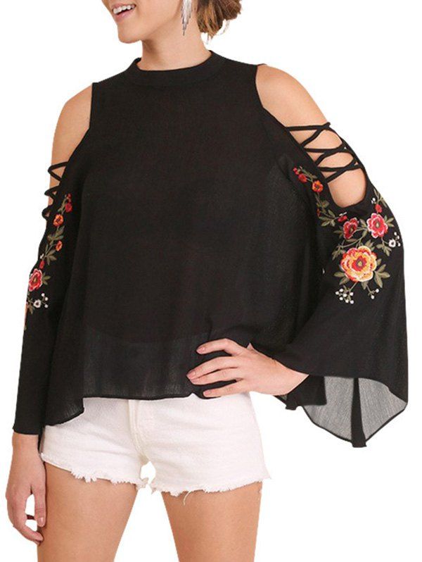 

Embroidery Floral Cold Shoulder Blouse, Black