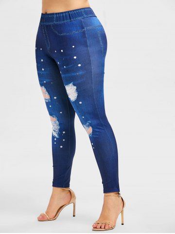 

3D Ripped Jean Print Plus Size Skinny Leggings, Lapis blue