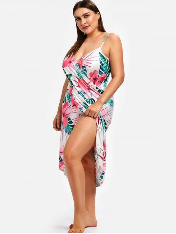 

Floral and Leaf Print Plus Size Cover Up Dress, White