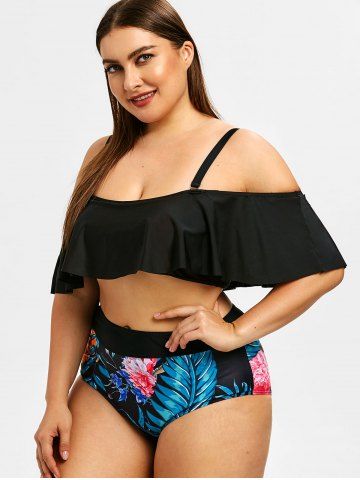 

Tropical Print Plus Size Swim Bottoms, Black