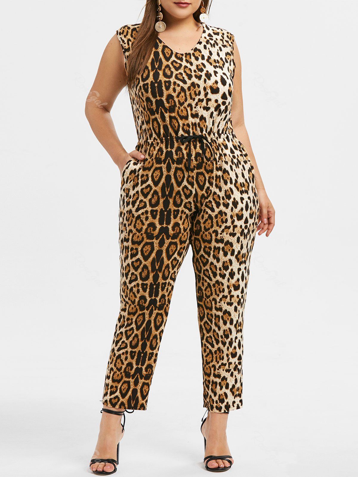 [44% OFF] Sleeveless Plus Size Leopard Print Jumpsuit | Rosegal