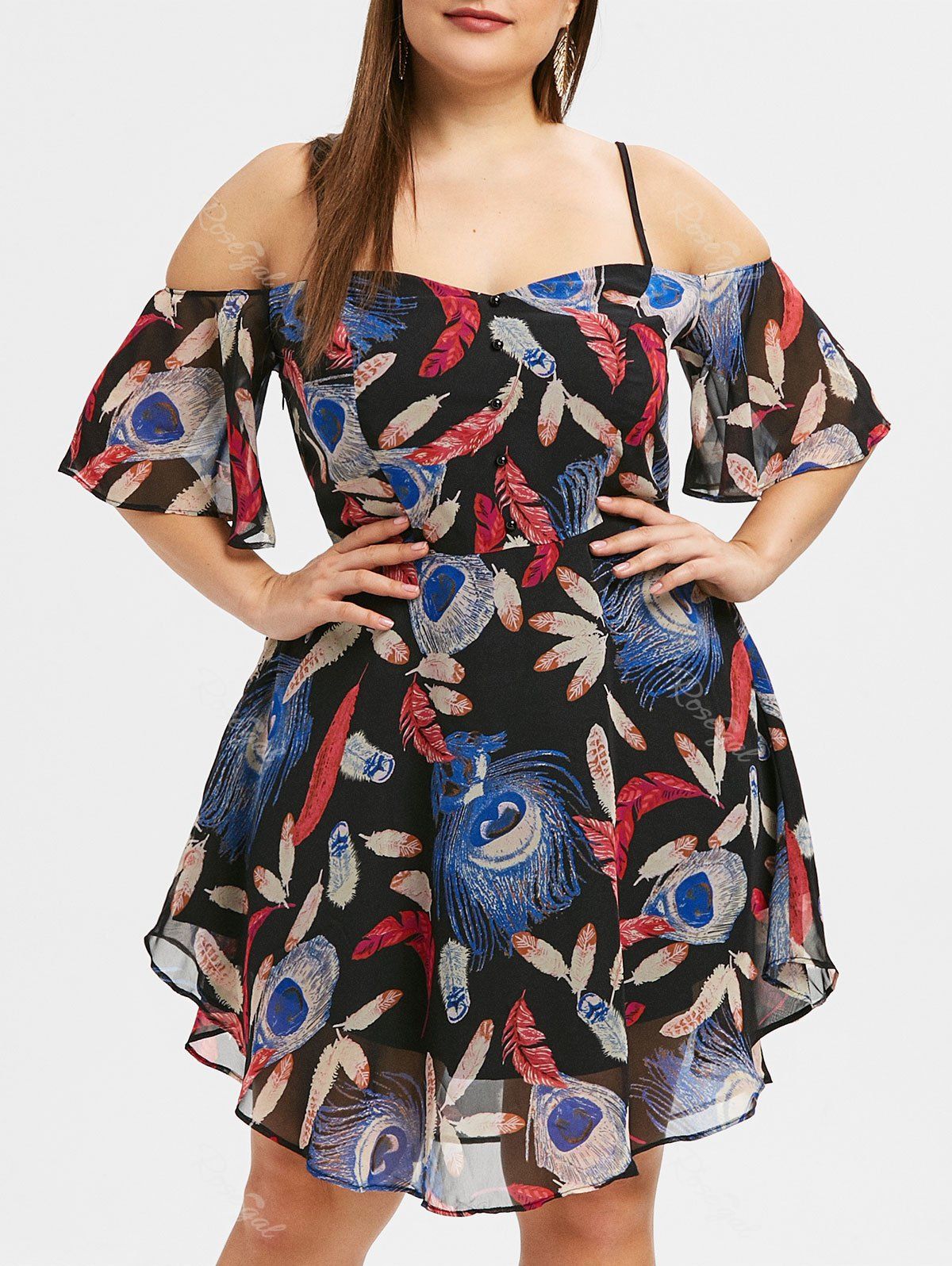 

Plus Size Feather Print A Line Cami Dress, Black