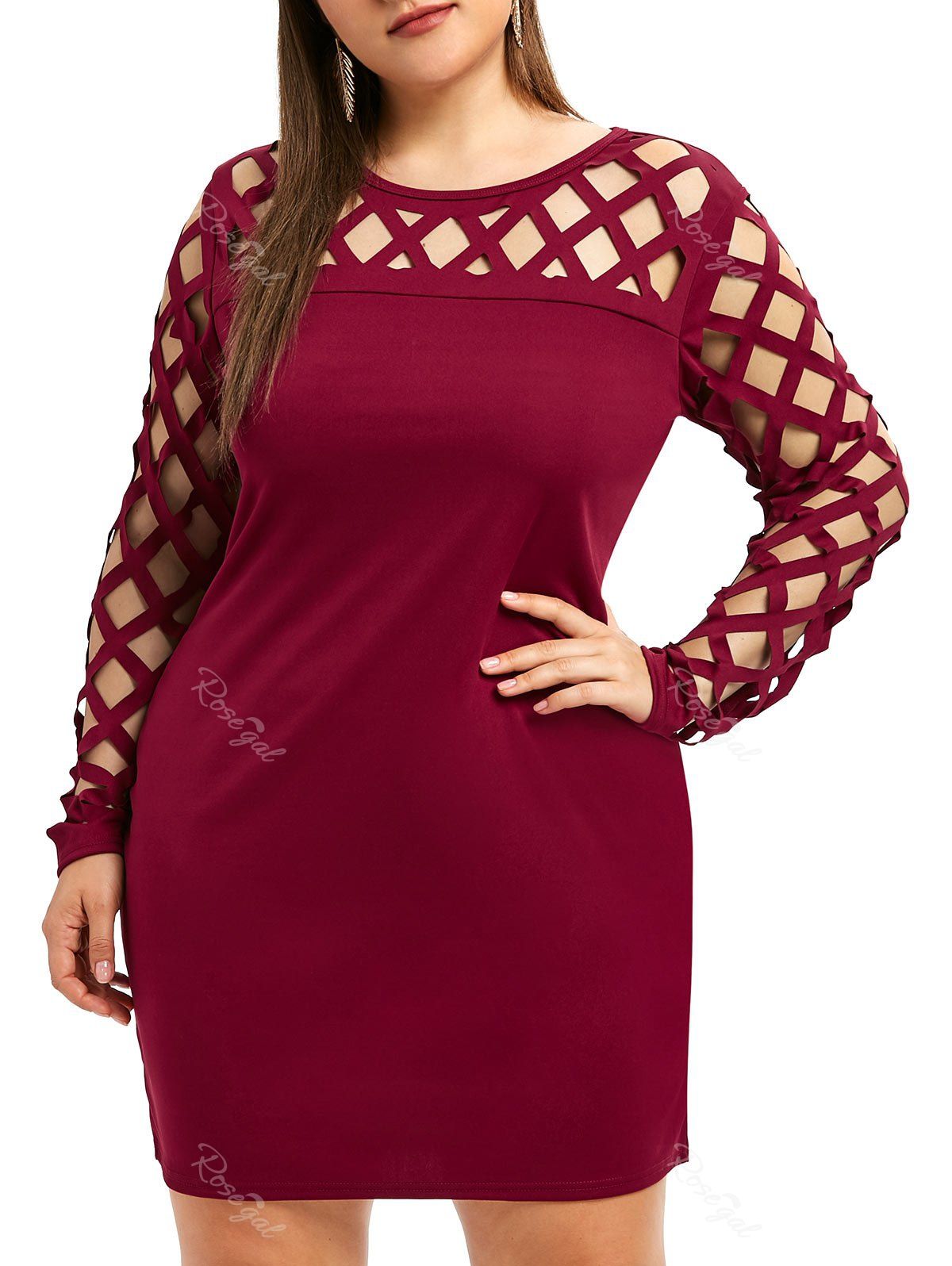 

Laser Cut Plus Size Sheath Dress, Red wine