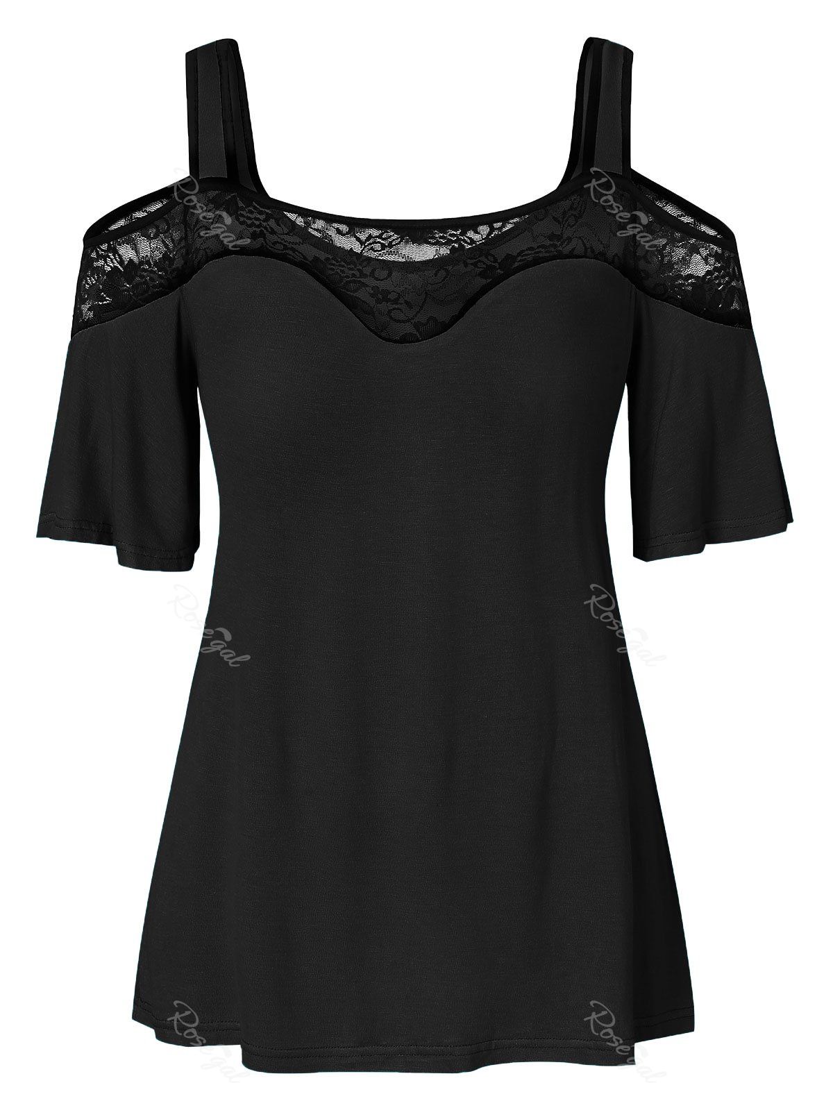 

Plus Size Sheer Lace Insert Cold Shoulder T Shirt, Black