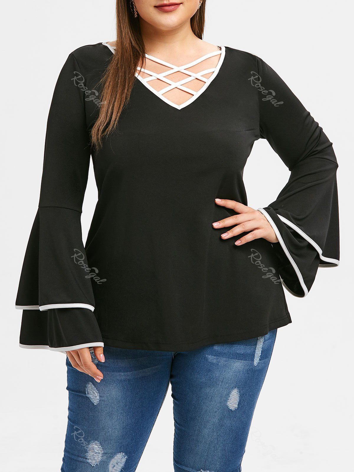 

Criss Cross Plus Size Layered Flare Sleeve T-shirt, Black