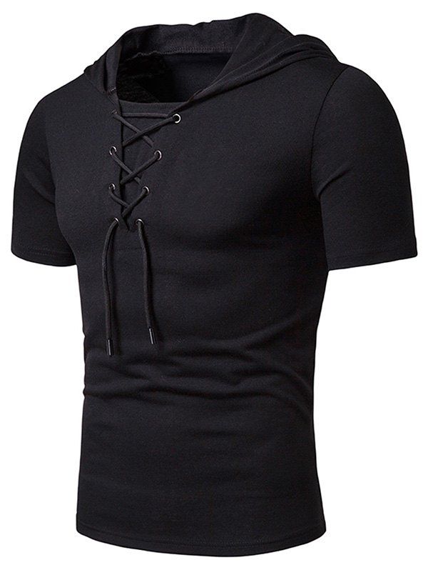 

Lace Up Hooded Short Sleeve T Shirt, Black